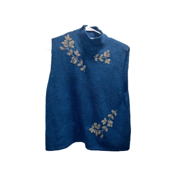 Zara Tops Zara Teal Silver Beaded Leaf Sleeveless Turtleneck